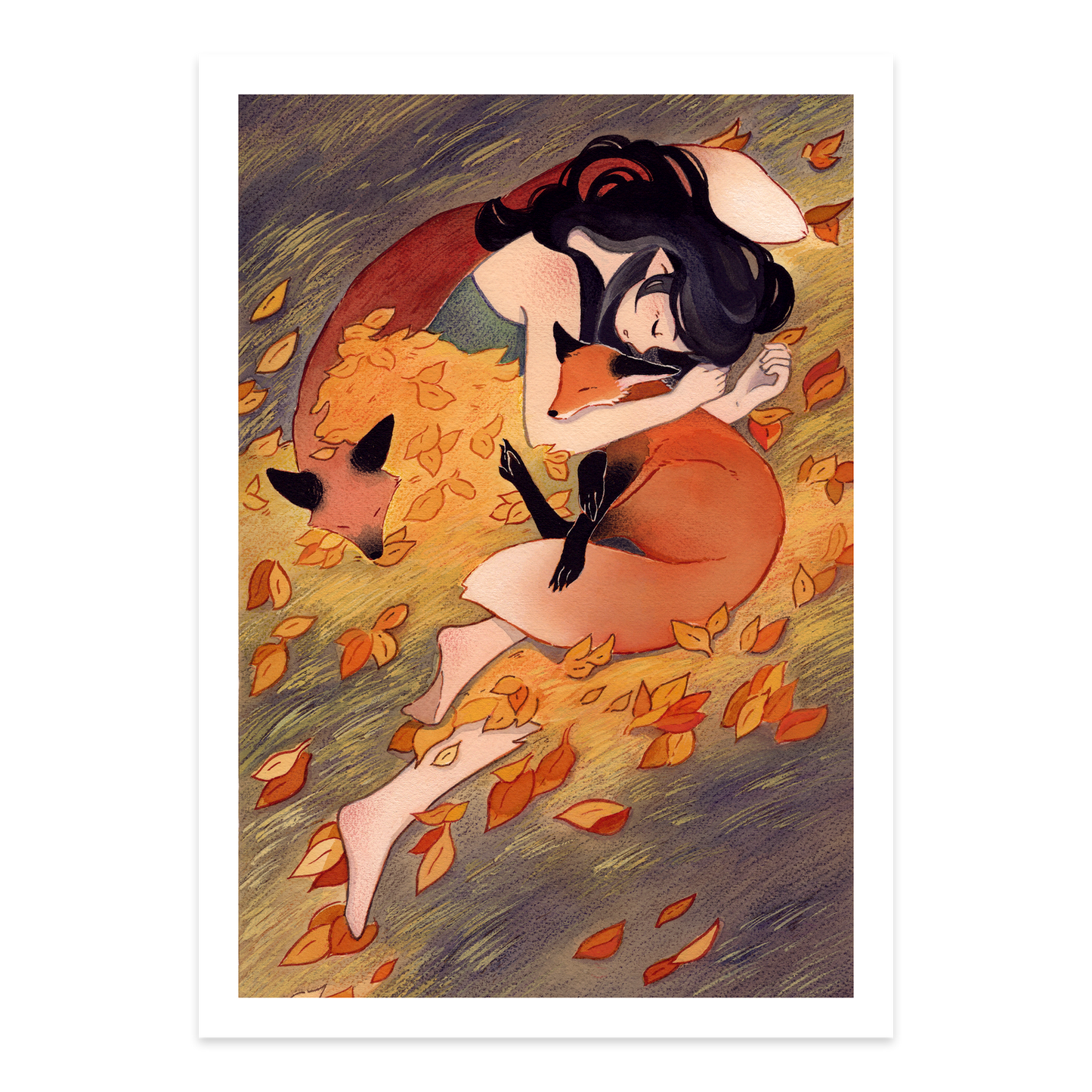 Sleepy Autumn Foxes Art Print
